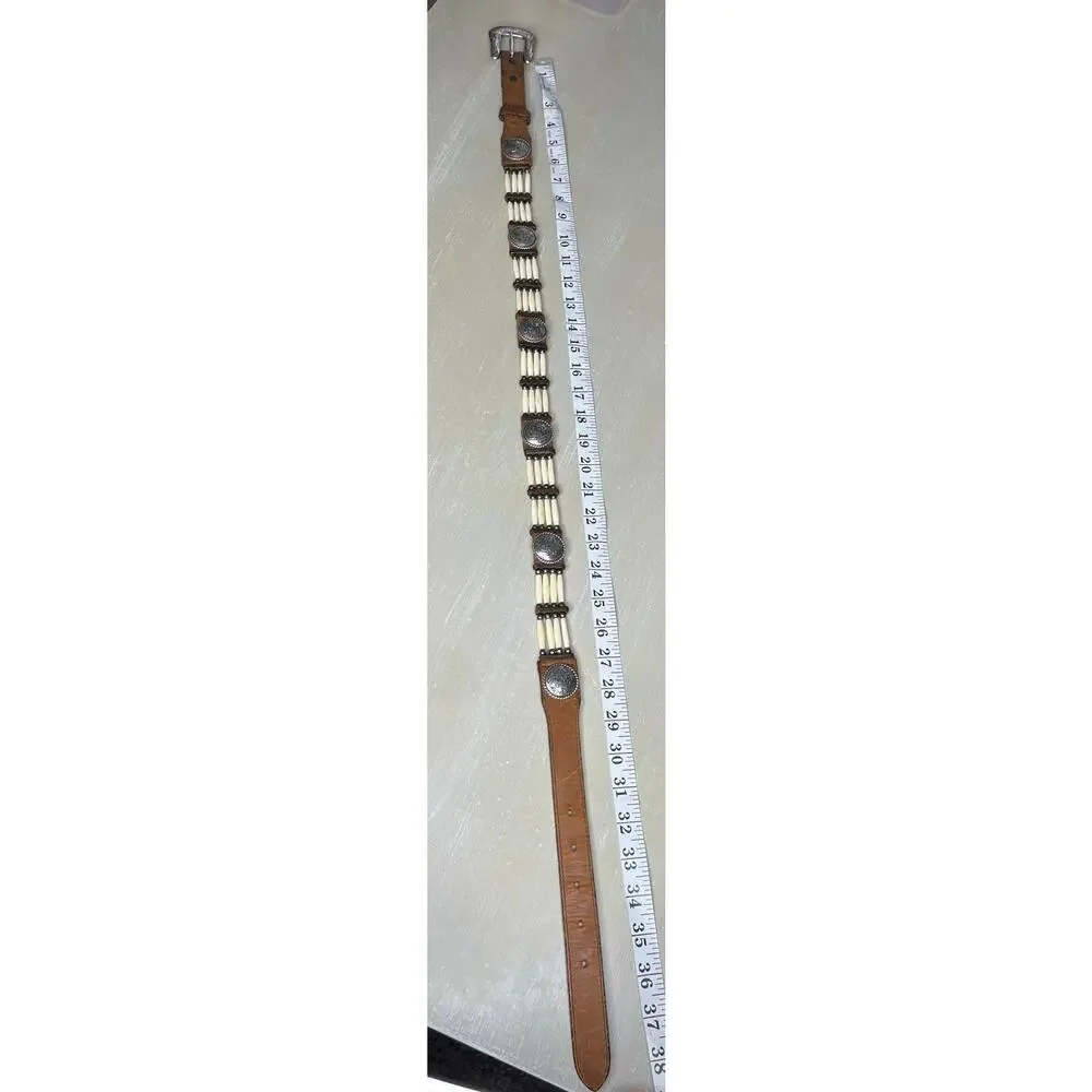 Vintage Tony Lama Western Hair Pipe Bone Bead and Concho Leather Belt